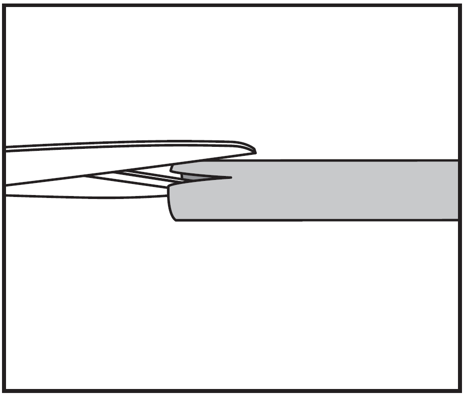 line drawing illustration of cable wire preparation:  A pair of scissors or wire strippers cutting a small notch into the outer insulation jacket at the end of an audio speaker or power cable to strip and expose the internal wiring.