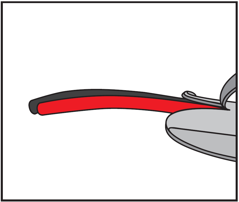 line drawing illustration of cable preparation:  A blade peeling back the outer black plastic jacket of a two-conductor speaker cable to reveal the inner red insulated wire lead.