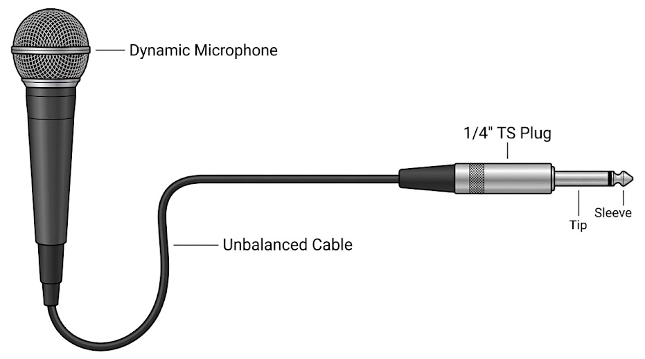 A labeled diagram illustrating a dynamic microphone connected to a 1/4" TS plug via an unbalanced cable. The plug features labeled "Tip" and "Sleeve" components.