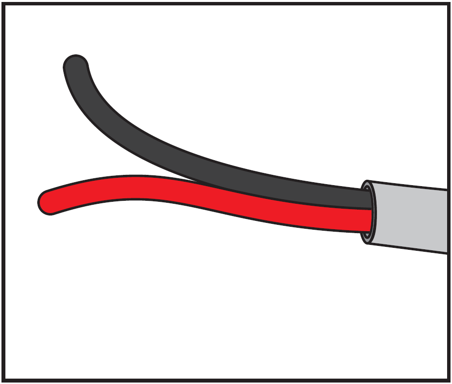 line drawing illustration of cable wire preparation:  A two-conductor audio cable with its outer gray jacket stripped back, separating into individual red and black insulated wire leads.