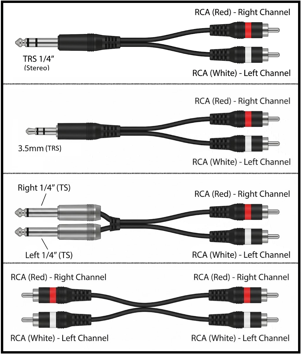 four audio adapter cable configurations split into horizontal sections:   1/4" TRS to Dual RCA Cable: 1/4" TRS plug splitting to red (right channel) and white (left channel) RCA connectors.   3.5mm TRS to Dual RCA Cable: 3.5mm TRS stereo plug splitting to red (right channel) and white (left channel) RCA connectors.   Dual 1/4" TS to Dual RCA Cable: Two 1/4" TS plugs (right and left) connecting to red (right channel) and white (left channel) RCA connectors.   Dual RCA to Dual RCA Cable: Red and white RCA connectors on both ends for left and right channel connections. 