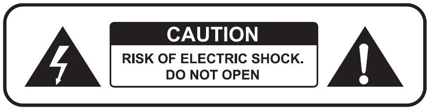 A standard electrical safety warning label enclosed in a rounded rectangular border:  Left Icon: A black triangle containing a white lightning bolt symbol indicating high-voltage electrical hazard.  Center Text Box: A central box with a black top banner reading "CAUTION" in white uppercase text. The white lower box reads "RISK OF ELECTRIC SHOCK. DO NOT OPEN" in black uppercase text.  Right Icon: A black triangle containing a white exclamation point symbol indicating a general safety hazard alert.