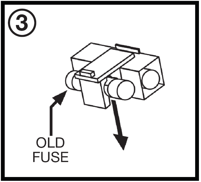 Diagram labeled step 3 showing how to remove a fuse from its tray: an arrow points to the "OLD FUSE" seated in the plastic holder, and a downward arrow indicates pulling the tray out.