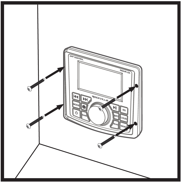 An illustration showing head unit flush-mount installation step:  Arrows indicating placement of four mounting screws securing head unit faceplate to mounting surface