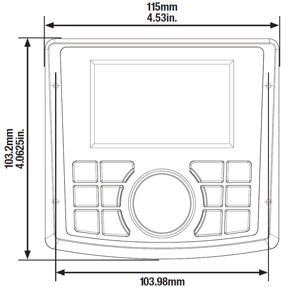 An illustration showing head unit front panel dimensions:  Diagram indicating width of 115mm (4.53in.) and height of 103.2mm (4.0625in.)