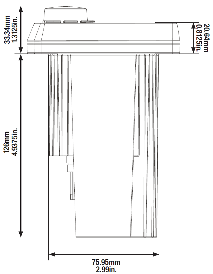 An illustration showing head unit side profile dimensions:  Diagram indicating mounting depth of 126mm (4.9375in.), body width of 75.95mm (2.99in.), and bezel depth of 20.64mm (0.8125in.)