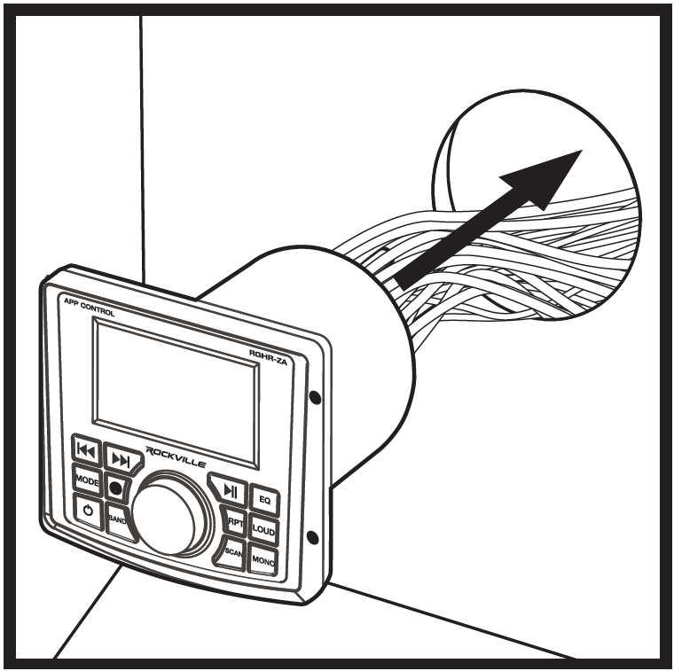 An illustration showing head unit flush-mount installation step:  Arrow indicating insertion of head unit and wiring harness into circular mounting hole